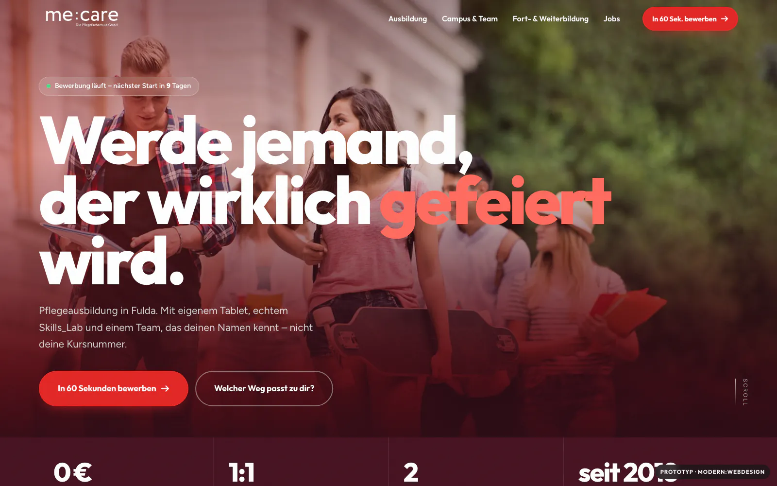 Startseite von me:care – Die Pflegefachschule, Fulda